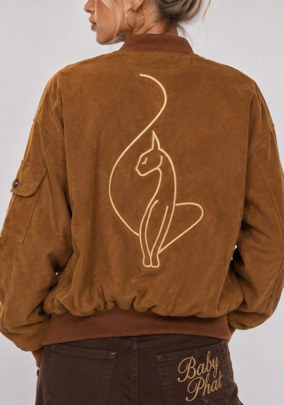 Baby Phat Women’s XS Faux Suede Bomber Jacket Brown Y2K Cat Logo Zip Up NWT